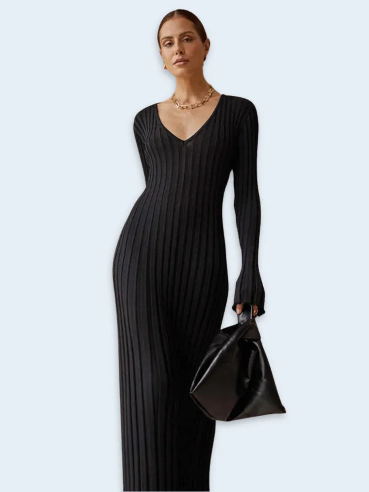 Women's Ribbed Knit Long Sleeve V-Neck Maxi Dress - Image 20