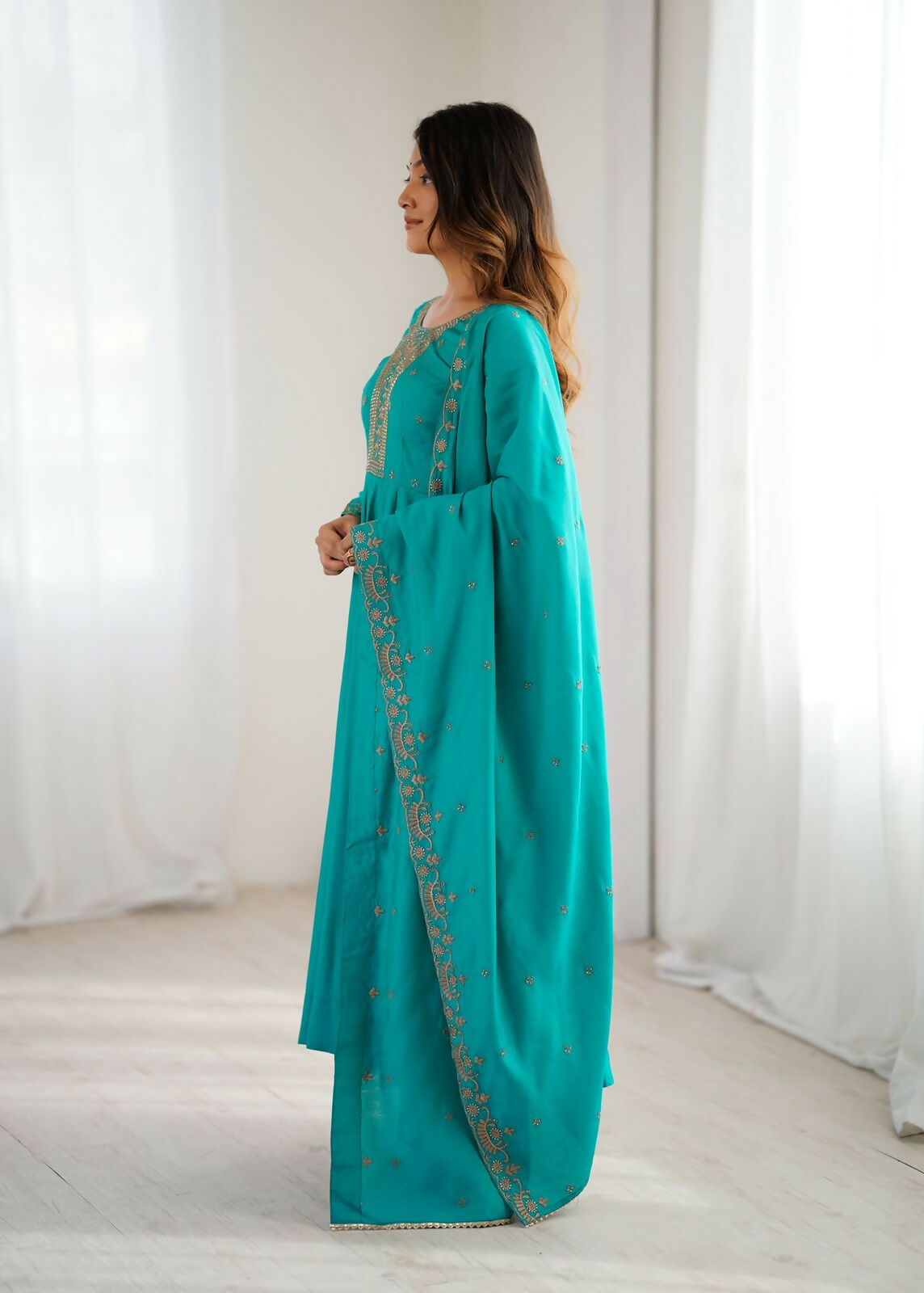 Rama Chanderi Kurta Set with Sequence Embroidery Work