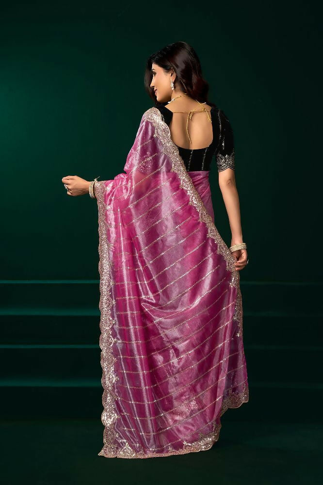 Pink Net Saree with Black Velvet Blouse for Party Wear