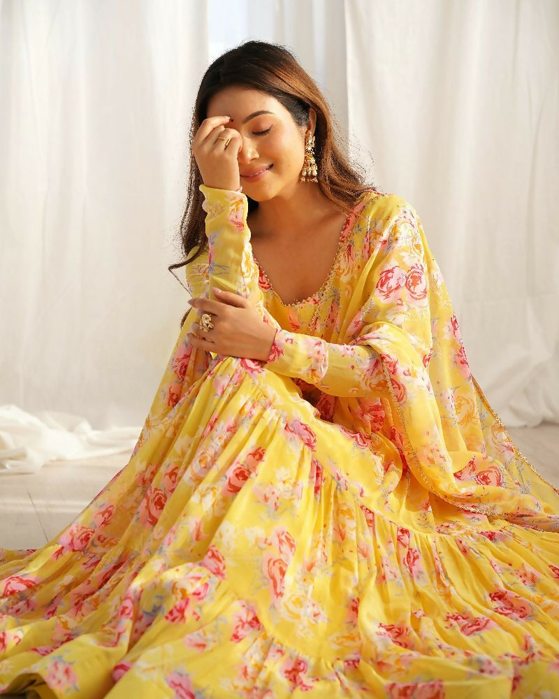 Yellow Georgette Kurta Set with Intricate Sequence Embroidery