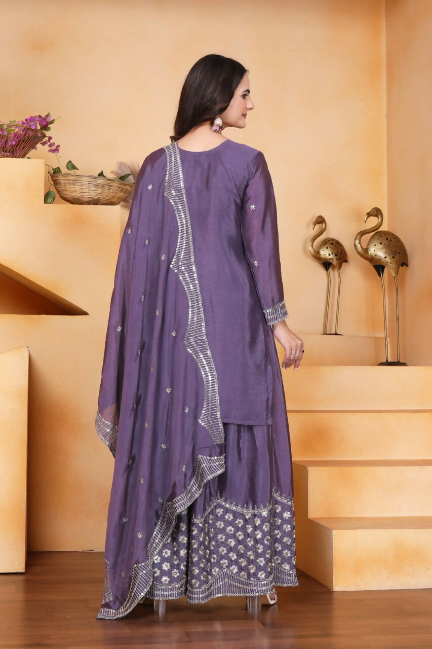Purple Silk Embroidered Sharara Set for Traditional Events