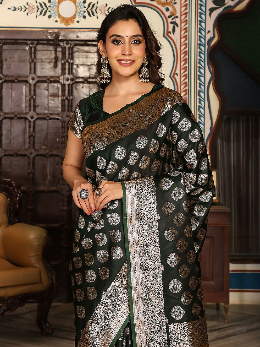 Dark Green Silk Saree with Matching Blouse Piece