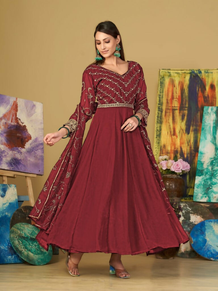 Maroon Georgette Embroidered Anarkali Kurta Pant Set & Dupatta