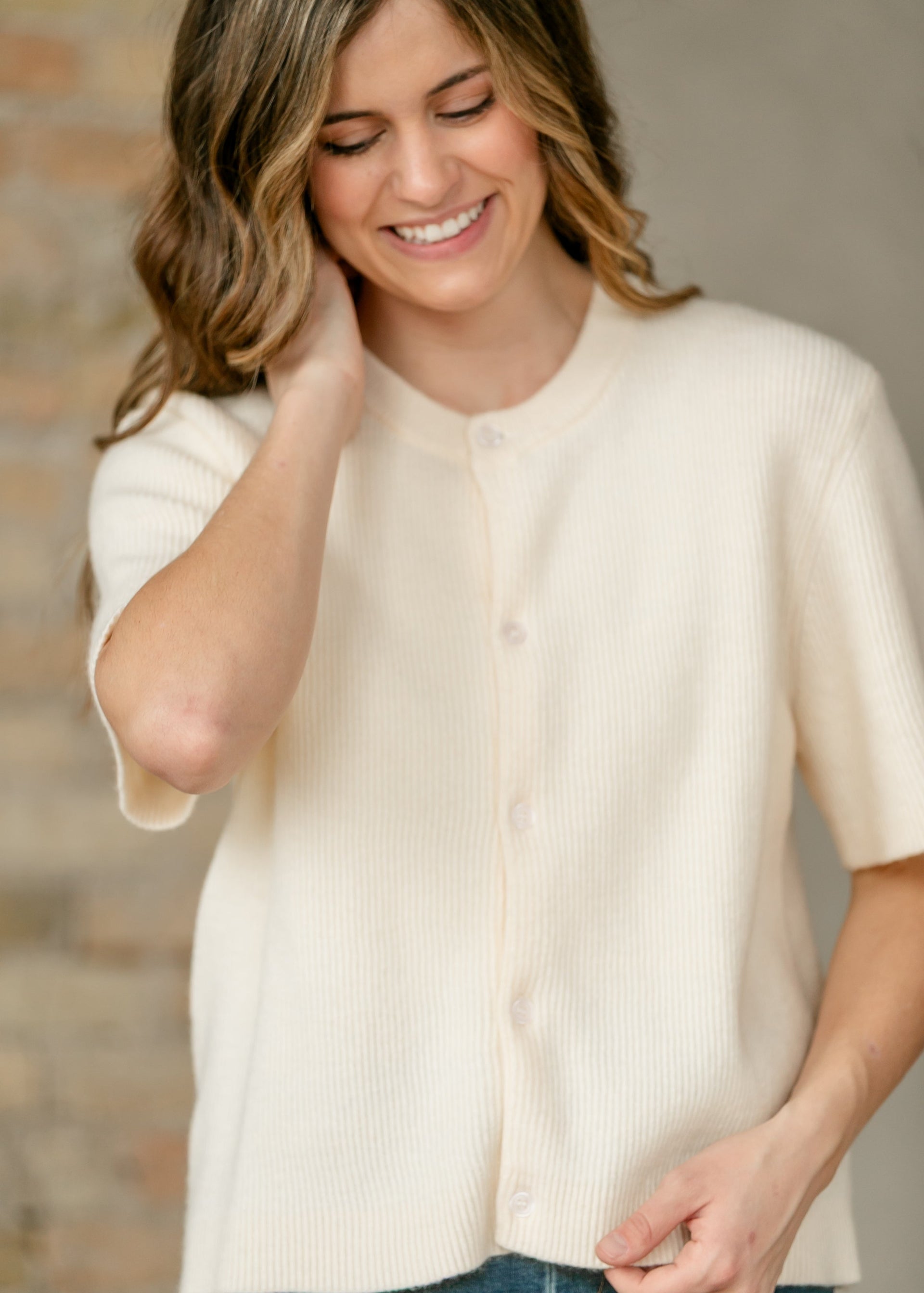 Zadie Short Sleeve Button Front Cardigan Lightweight Knit Top - Image 10