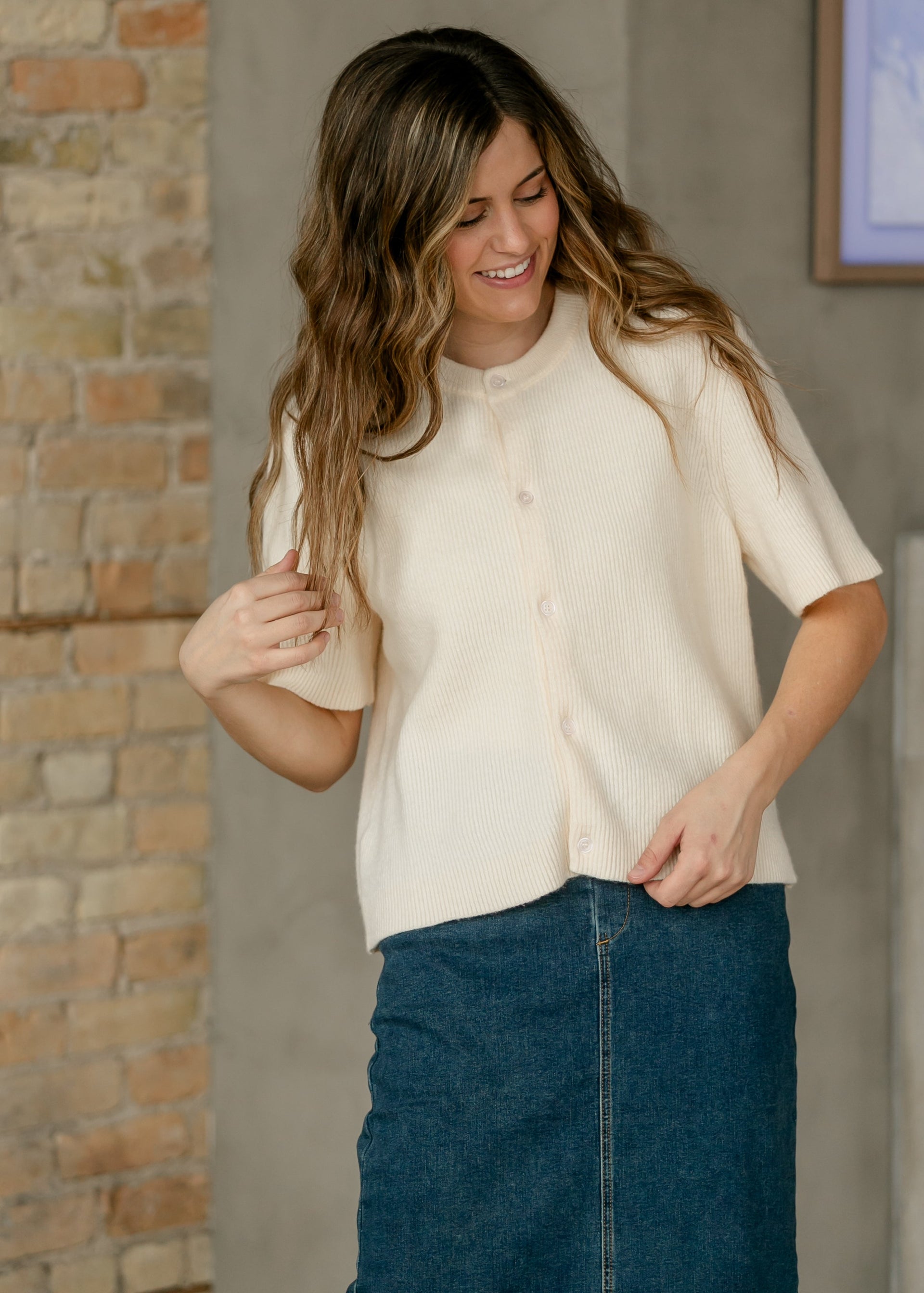 Zadie Short Sleeve Button Front Cardigan Lightweight Knit Top - Image 11