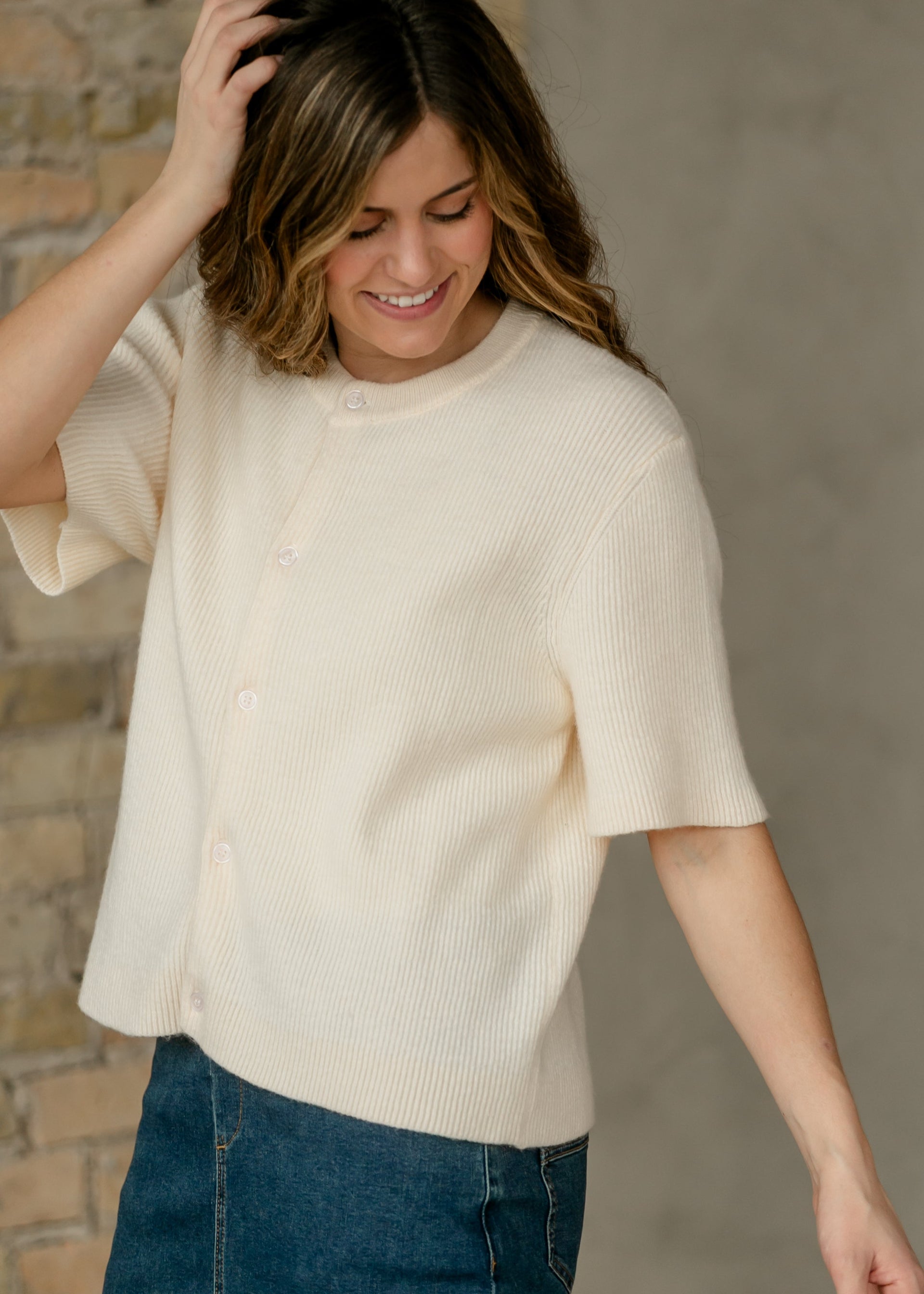 Zadie Short Sleeve Button Front Cardigan Lightweight Knit Top - Image 8