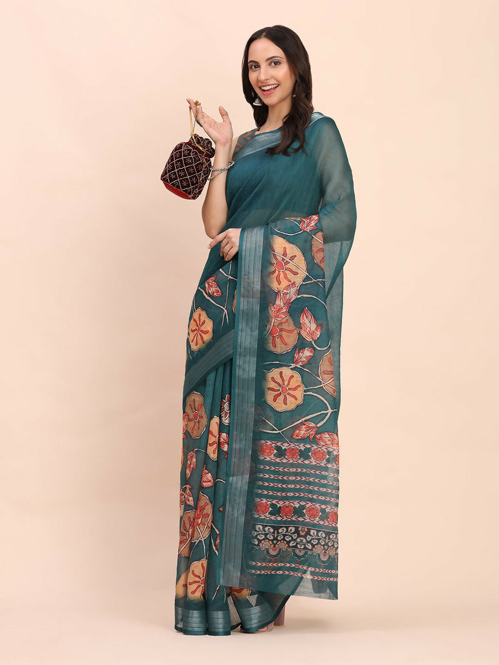 Teal Blue Linen Cotton Saree with Matching Blouse Piece