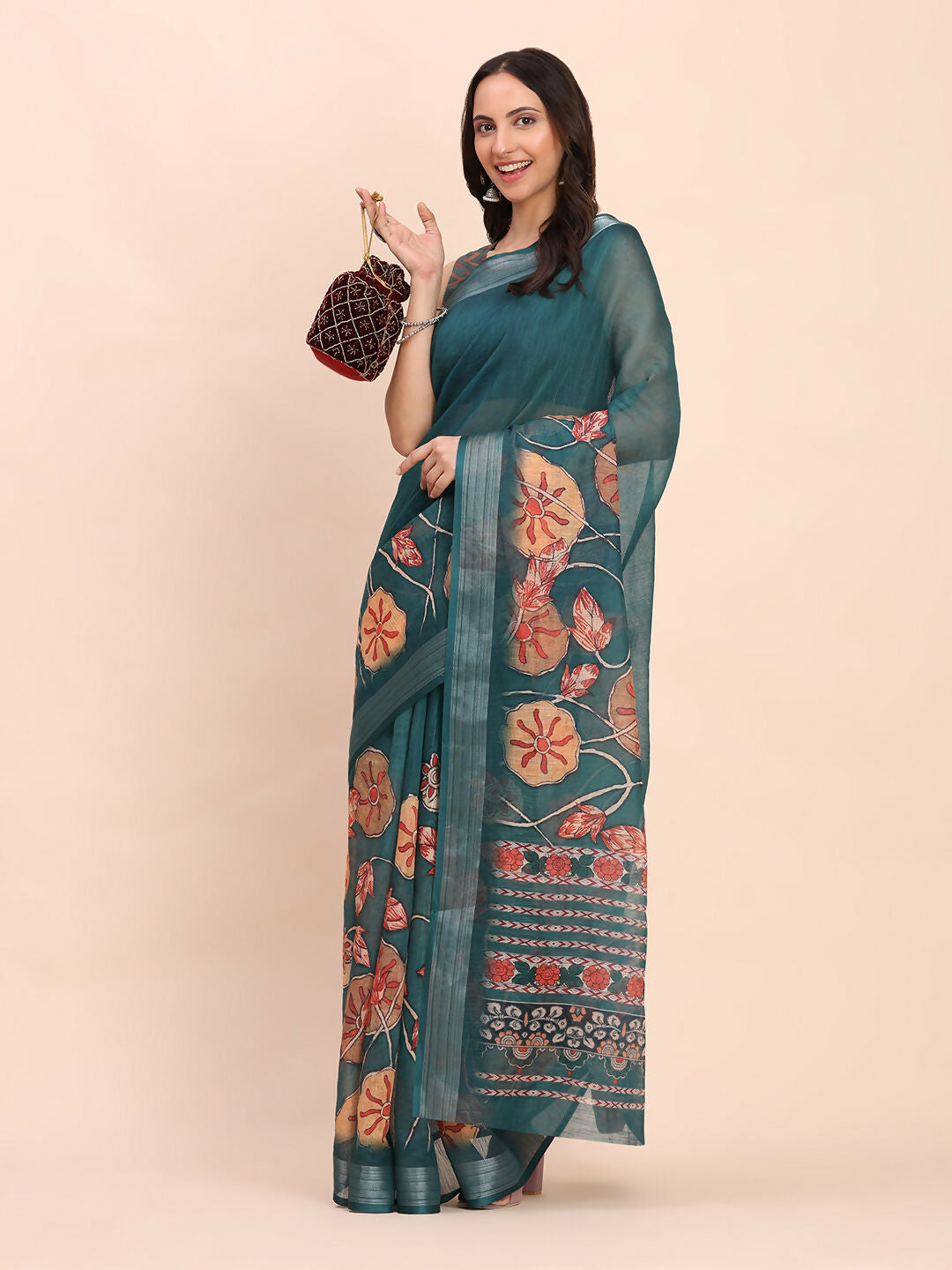 Teal Blue Linen Cotton Saree with Matching Blouse Piece