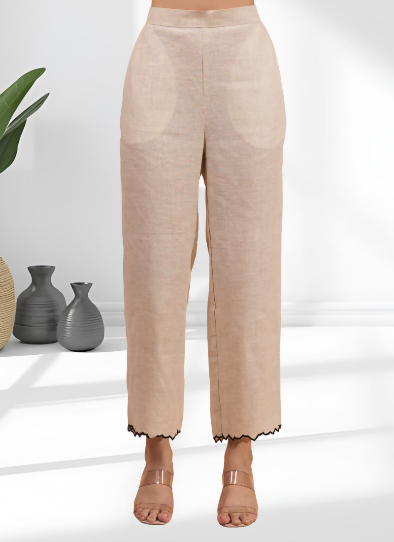 Beige Linen Embroidered Long Kurta with Matching Pant Set