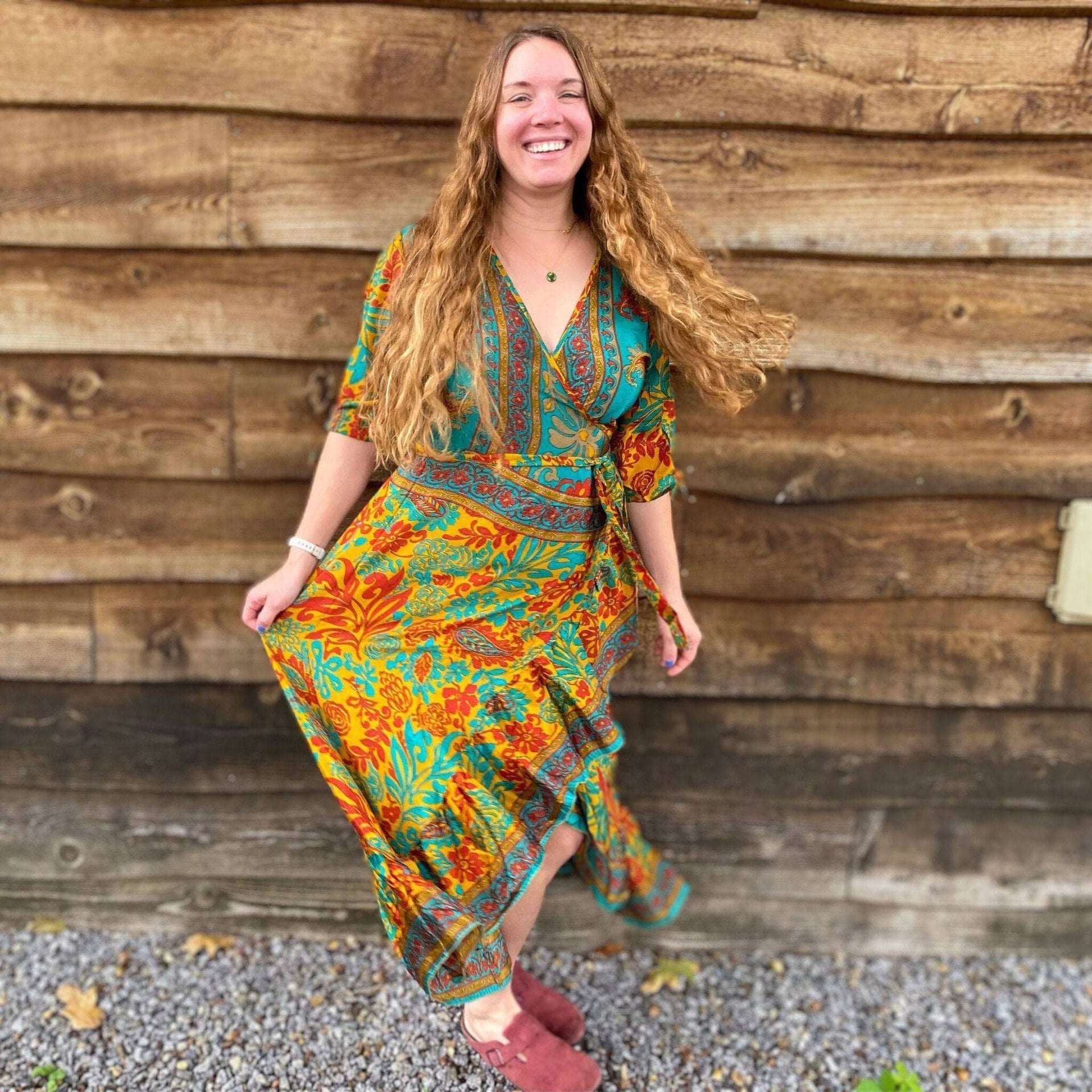 Zaria One-of-a-Kind Silk Wrap Maxi Dress, Bohemian Eclectic Style