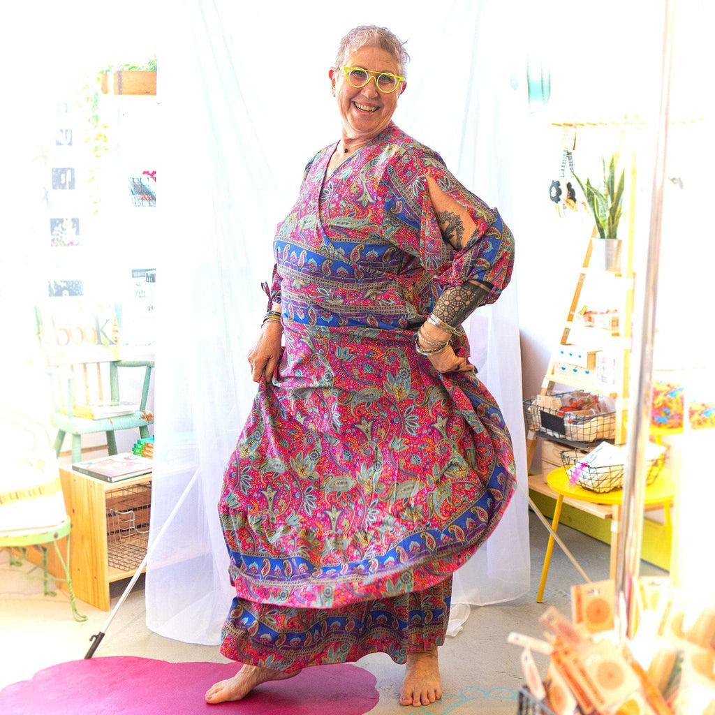 Zaria One-of-a-Kind Silk Wrap Maxi Dress, Bohemian Eclectic Style