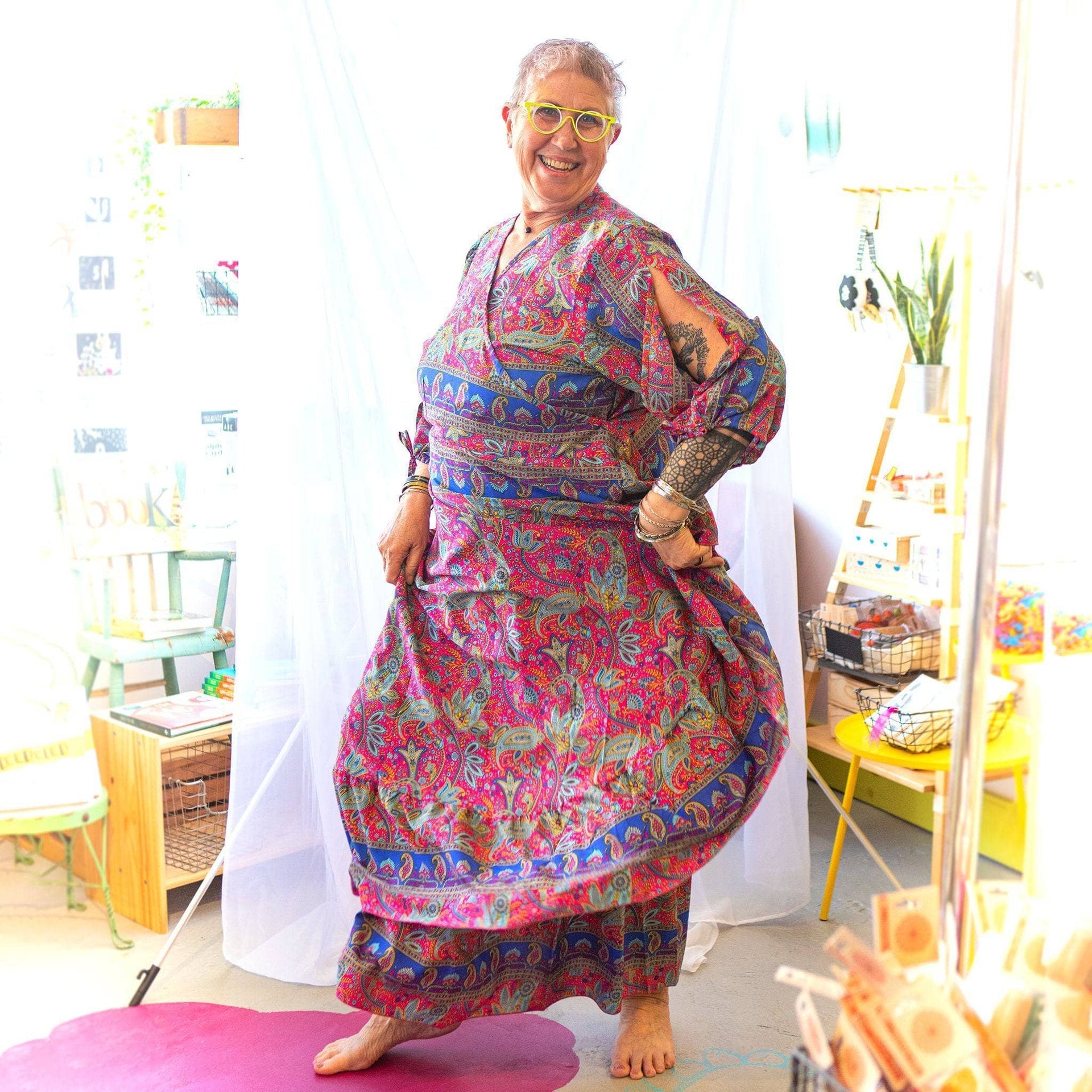Zaria One-of-a-Kind Silk Wrap Maxi Dress, Bohemian Eclectic Style