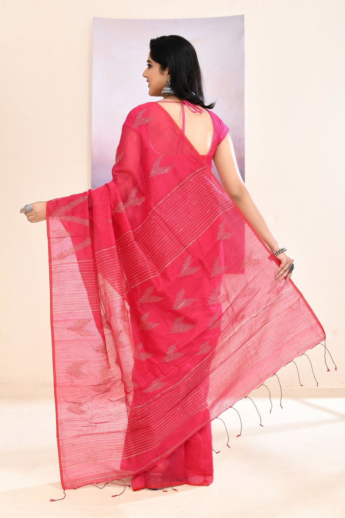 Pink Embellished Cotton Blend Jamdani Saree