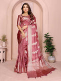 Dusty rose soft organza silk saree with detailed weaving.