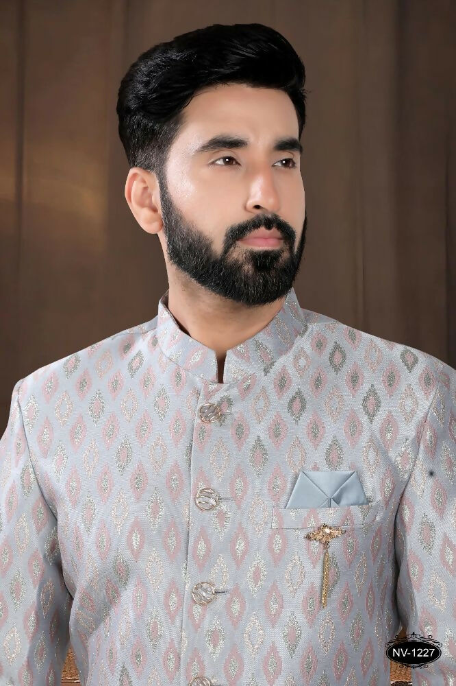Boys Grey Woven Jacquard Kurta with White Pyjama Set