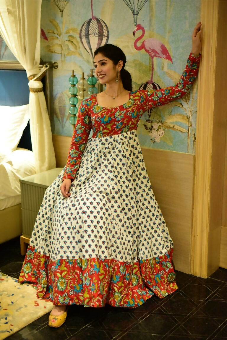 Off White Cotton Silk Anarkali with Heavy Digital Floral Print