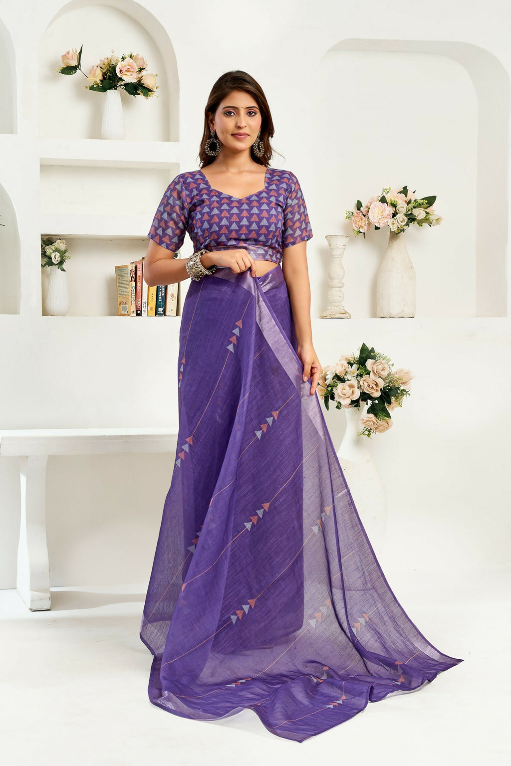 Purple Geometric Linen Ready-to-Wear Saree with Unstitched Blouse