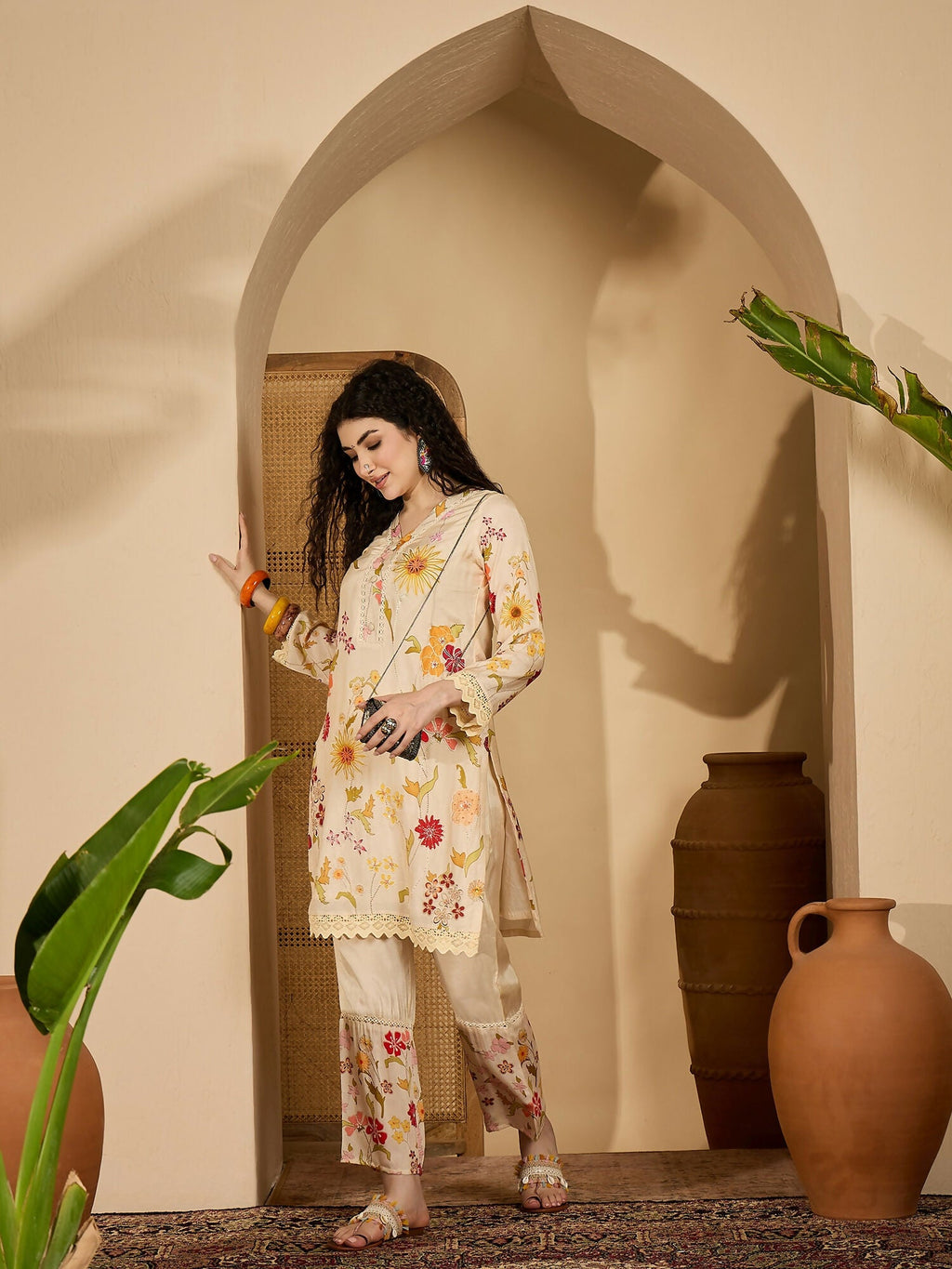 Cream Printed Pure Cotton Co-ord Set