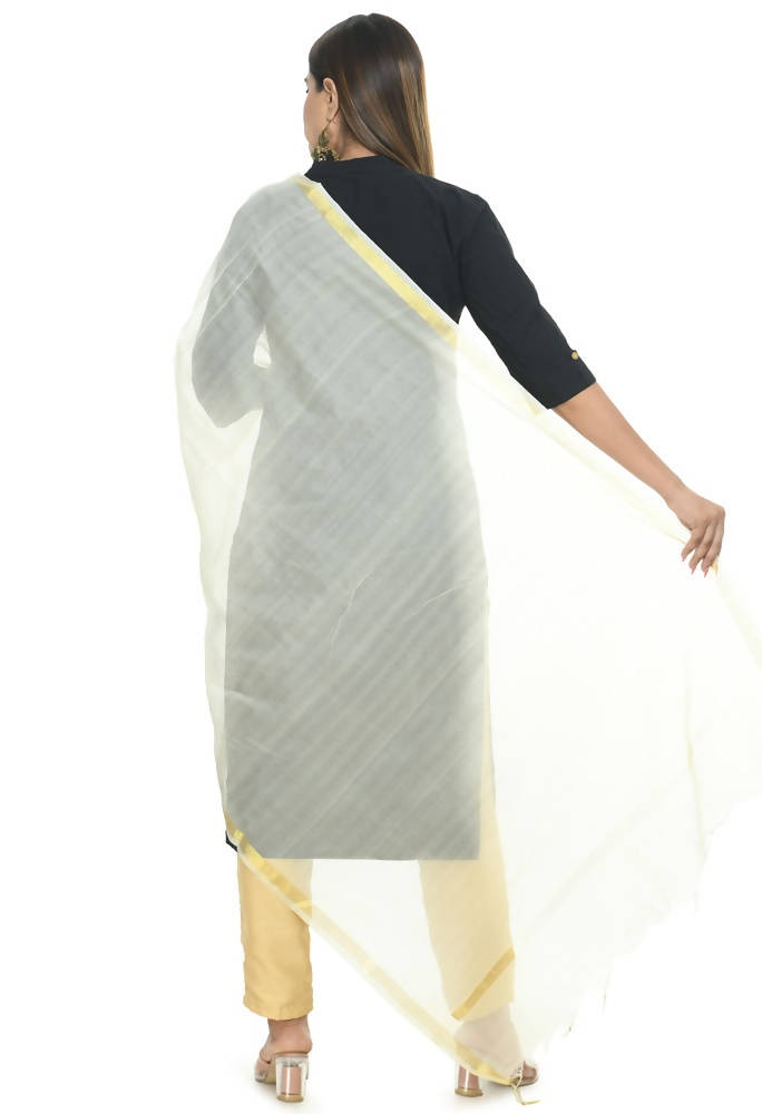 Off White Chanderi Banarsi Piping Dupatta - Elegant Ethnic Drape