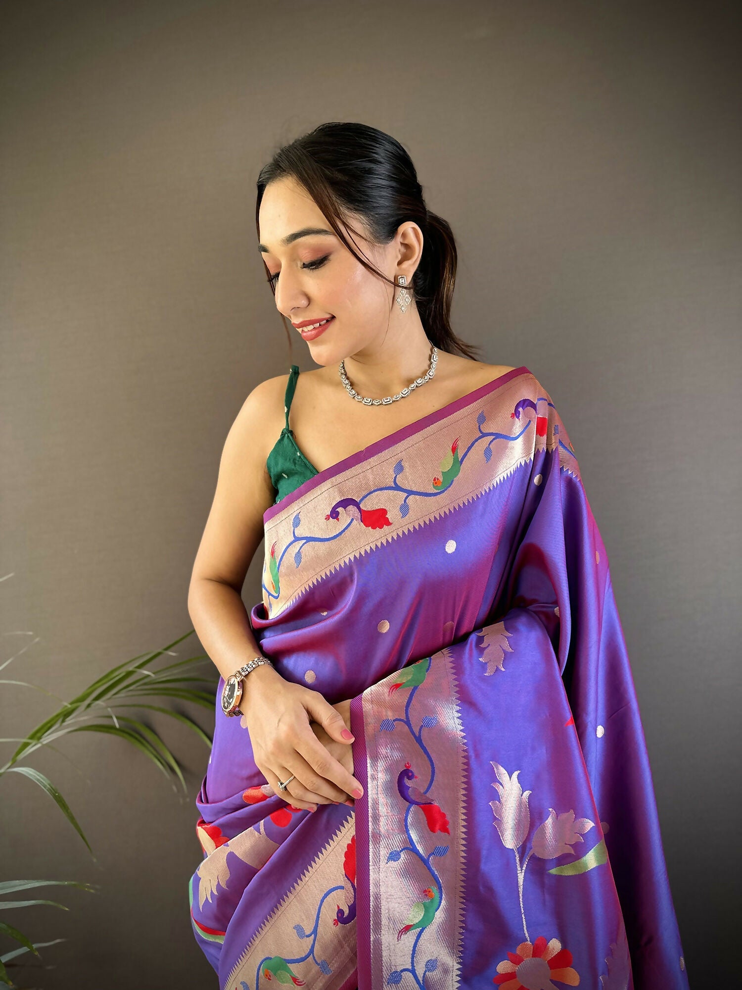 Purple Soft Silk Paithani Saree with Zari Woven Floral Motifs