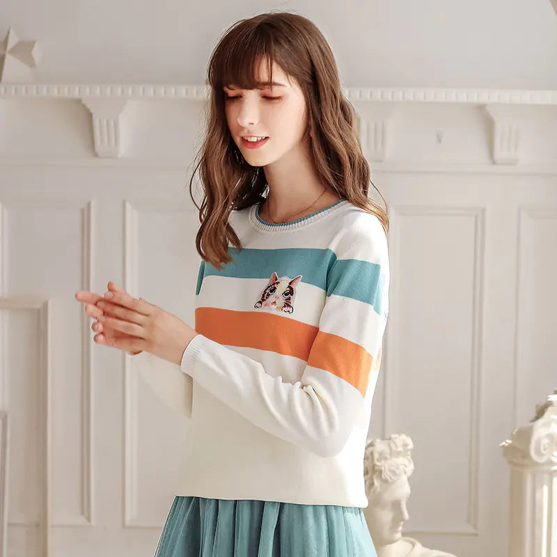 Cartoon Cat Striped Knit Pullover Sweater Cream Blue Orange - Image 6