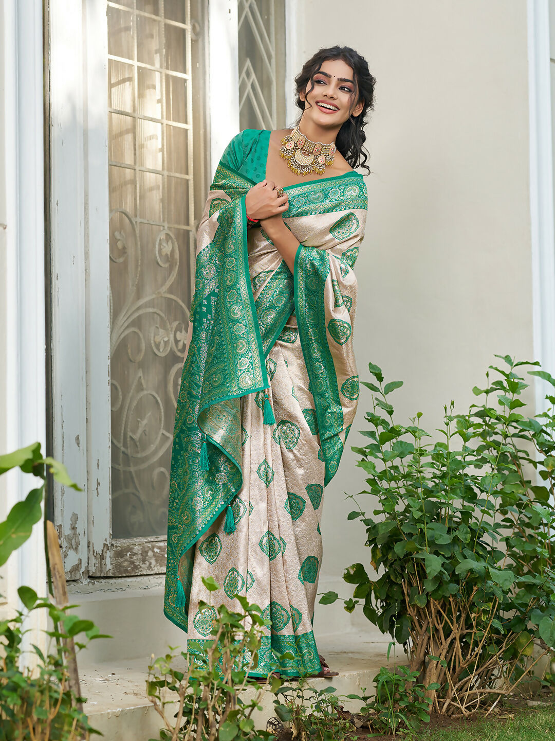 Cream and Sea Green Silk Blend Saree Elegant Ethnic Drape