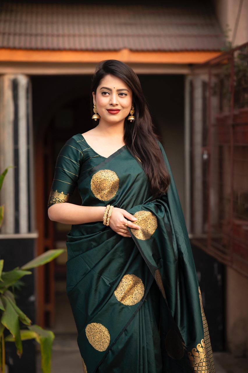 Green Silk Woven Saree with Zari Butta and Unstitched Blouse