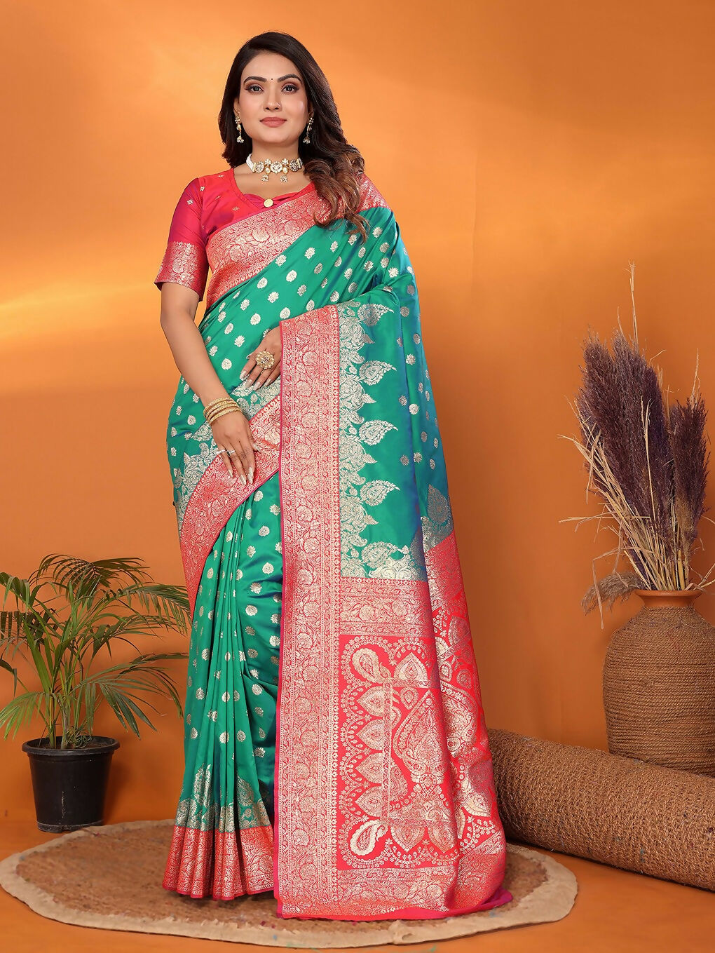 Light Green Banarasi woven soft silk saree with matching blouse piece