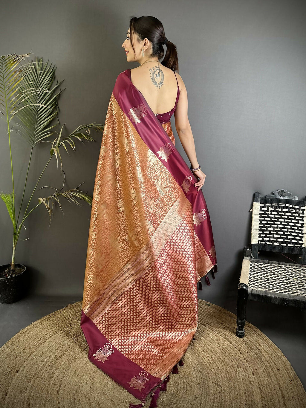 Wine Dharmavaram Soft Silk Saree with Intricate Zari Weaving