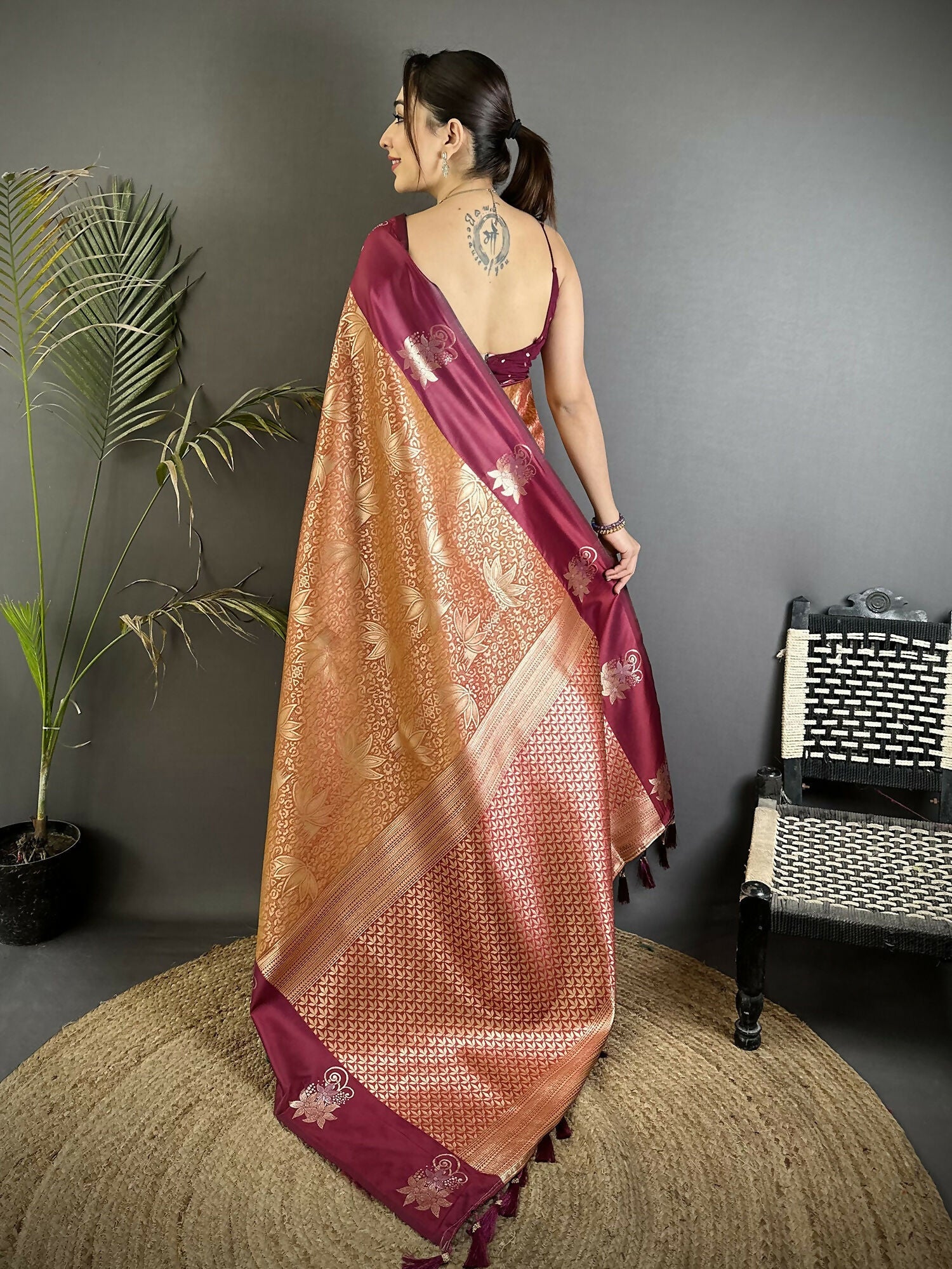 Wine Dharmavaram Soft Silk Saree with Intricate Zari Weaving