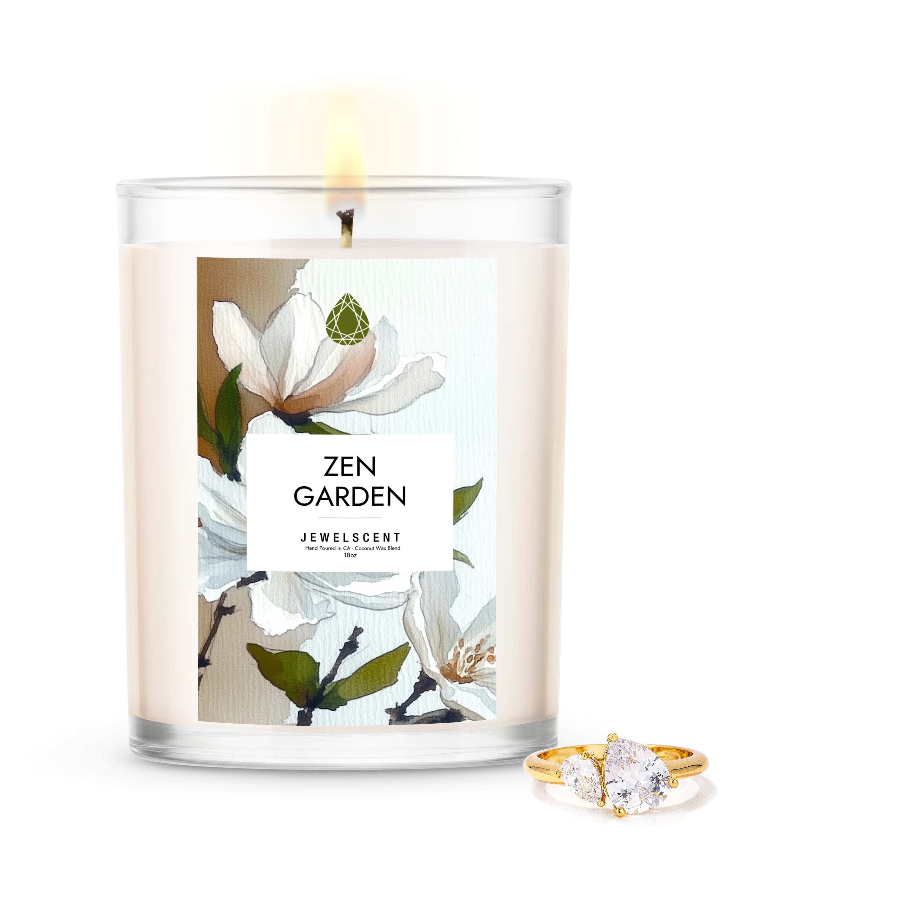 Zen Garden 18oz jewelry candle with floral label and gold ring accessory