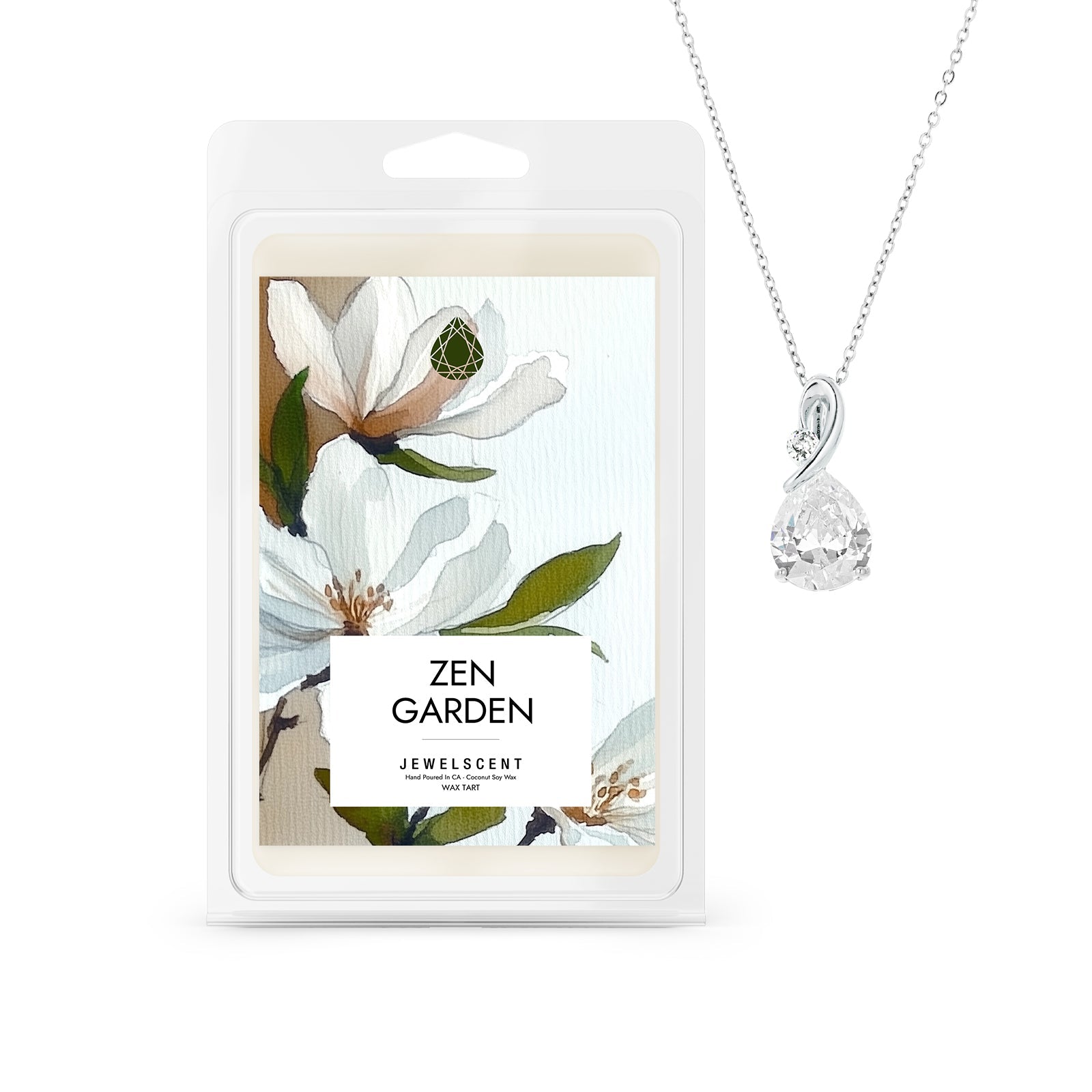Zen Garden wax tart packaging with floral design and a silver jewelry pendant necklace nearby