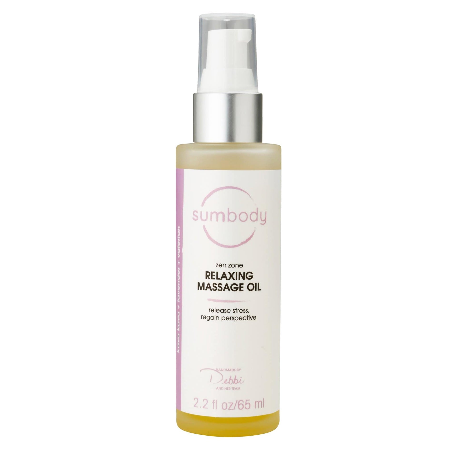 Bottle of Zen Zone Relaxing Massage Oil with lavender and yellow flower accents