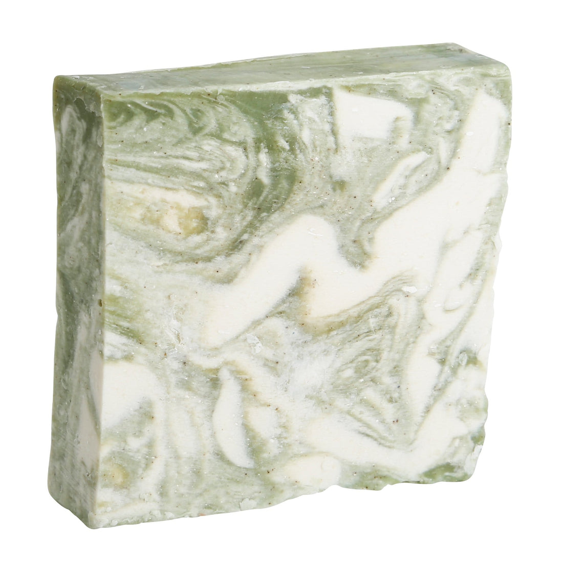 A rectangular bar of green and white marbled Zen natural soap