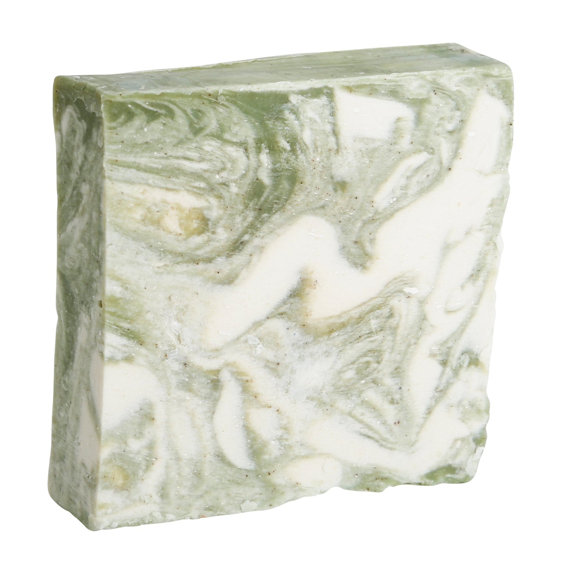 A rectangular bar of green and white marbled Zen natural soap