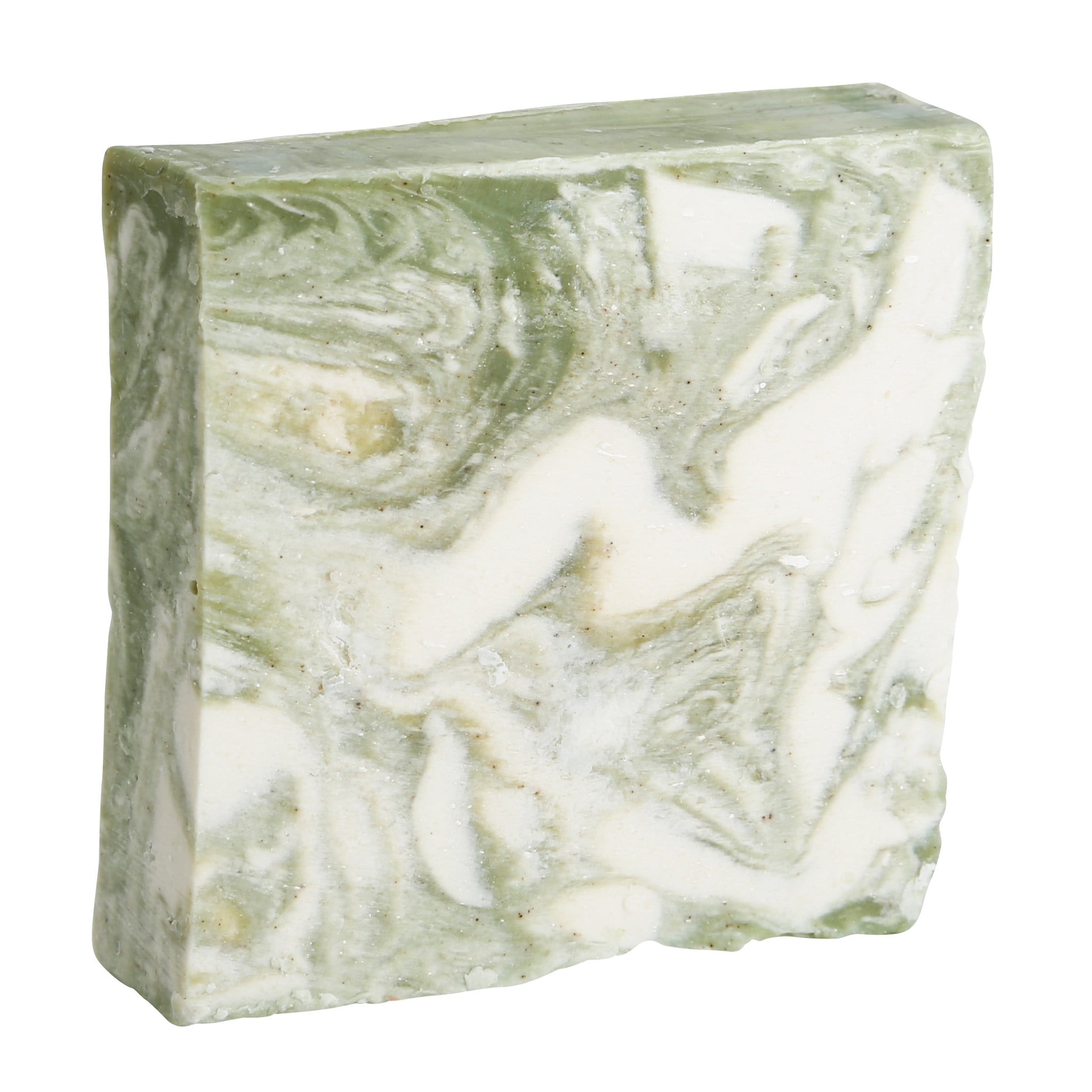 A rectangular bar of green and white marbled Zen natural soap