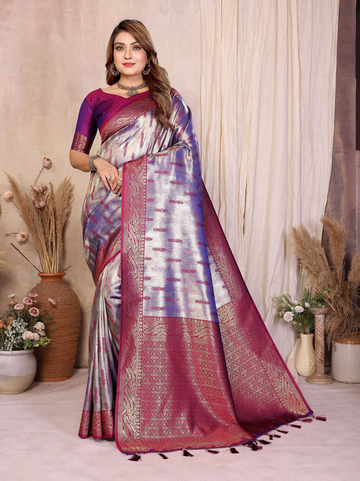 Aastha Fashion purple tissue silk saree with intricate Paithani woven patterns and matching blouse piece