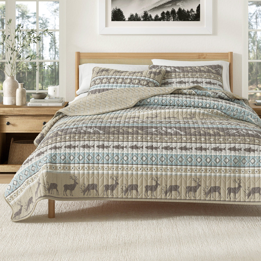 Yosemite Collection 3-Piece Lodge Quilt Set featuring moose and nature patterns on a king size bed