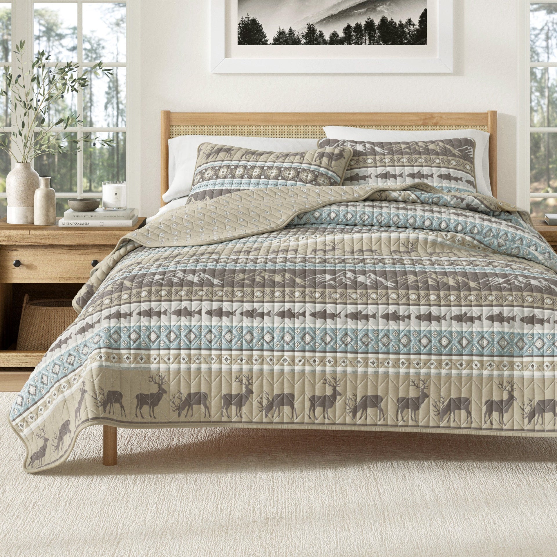 Yosemite Collection 3-Piece Lodge Quilt Set featuring moose and nature patterns on a king size bed