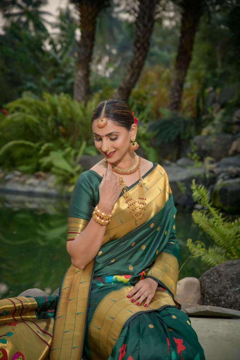 Bottle Green Paithani Silk Zari Woven Saree with Matching Blouse