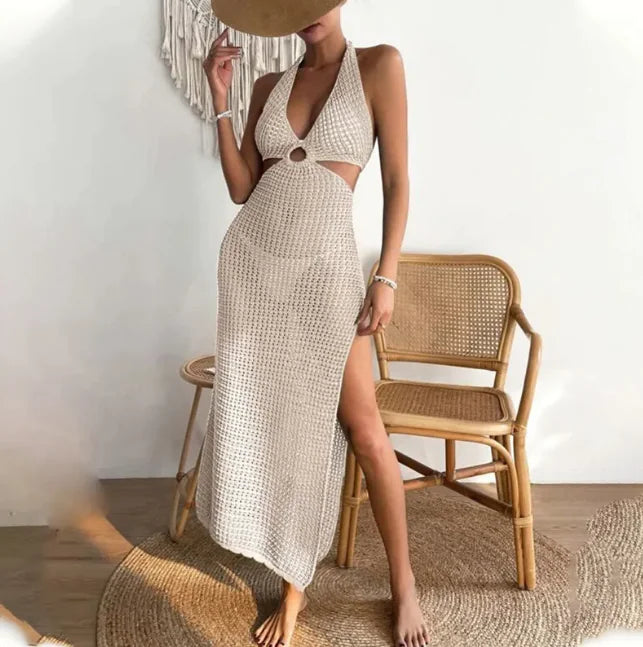 Women's Crochet Halter Maxi Beach Cover Up Dress with Side Slit - Image 11