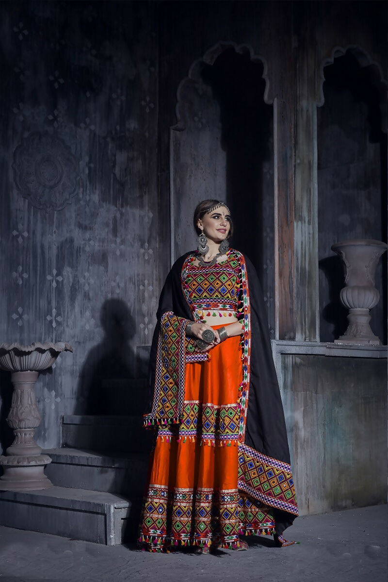 Orange Art Silk Designer Navratri Lehenga Choli with Black Dupatta