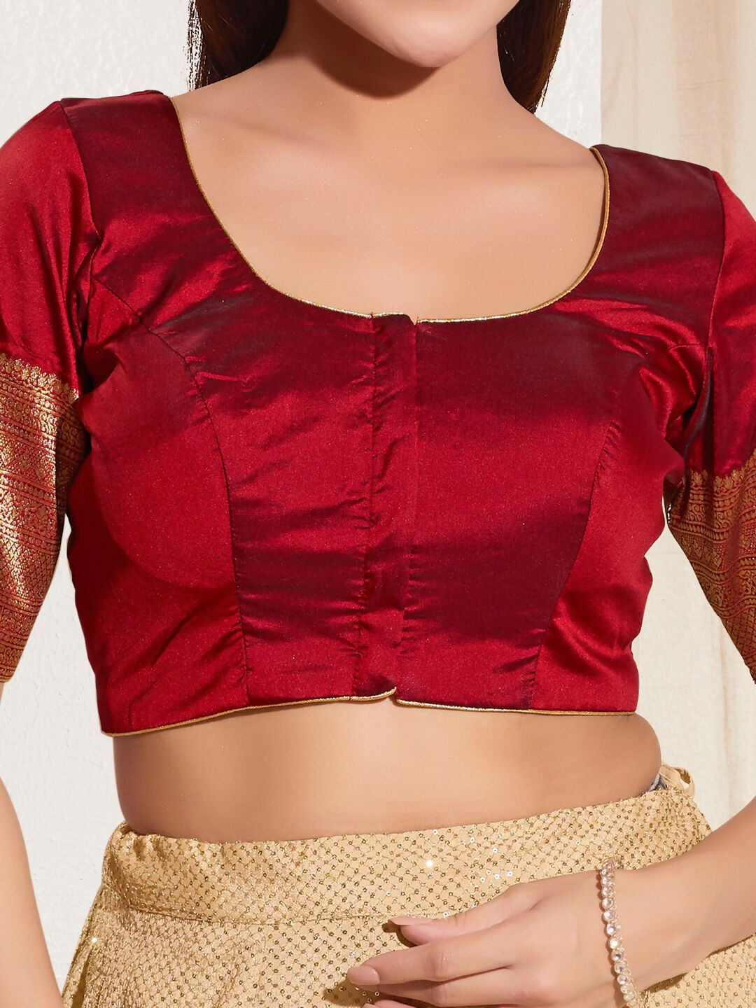 Maroon Taffeta Silk Padded Blouse with Round Neck