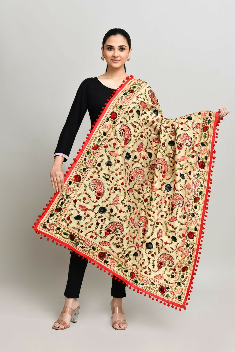 A vibrant multi-color cotton Phulkari dupatta featuring intricate traditional embroidery work.