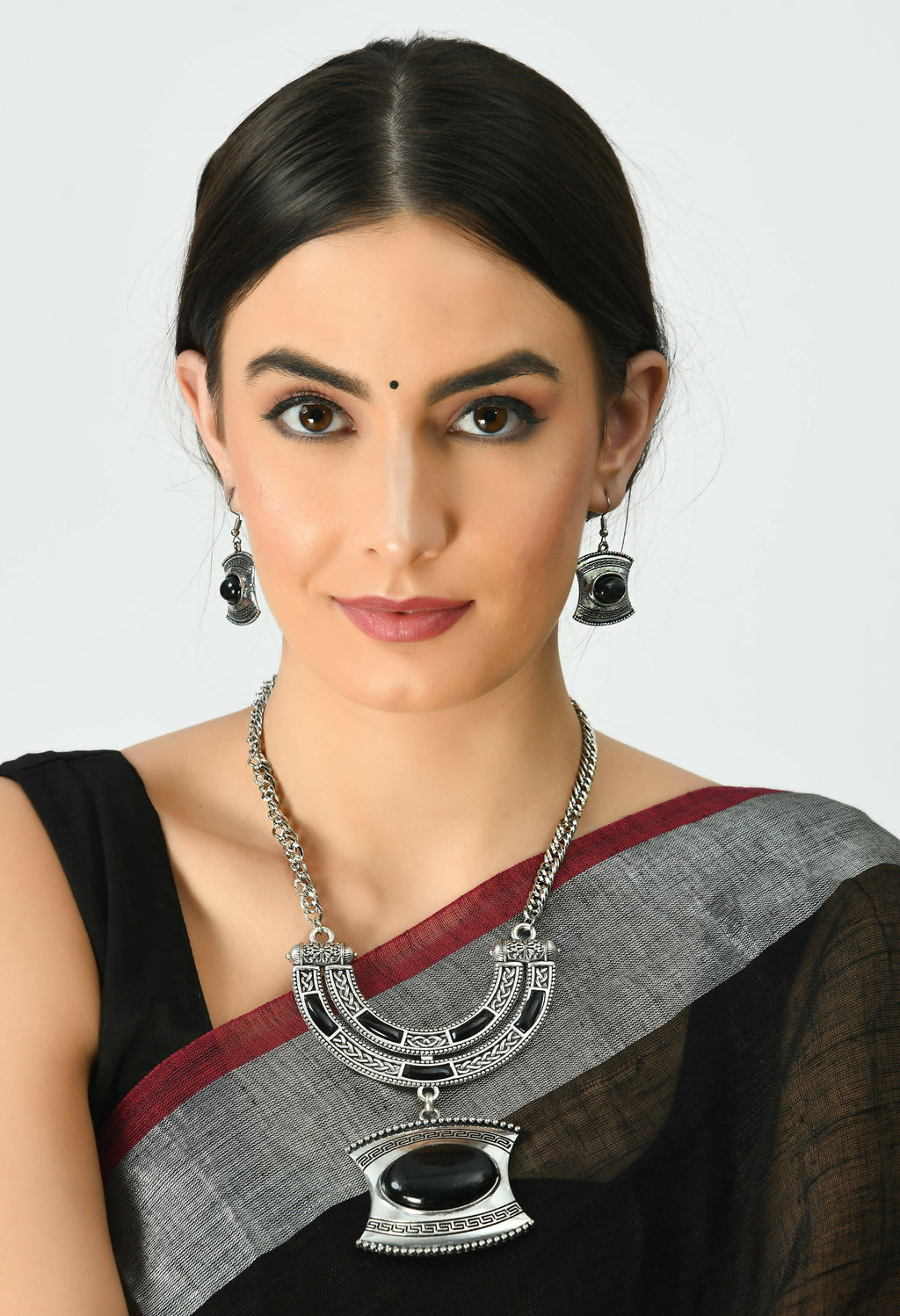 Oxidised Silver-Plated Stone Work Long Necklace for Women