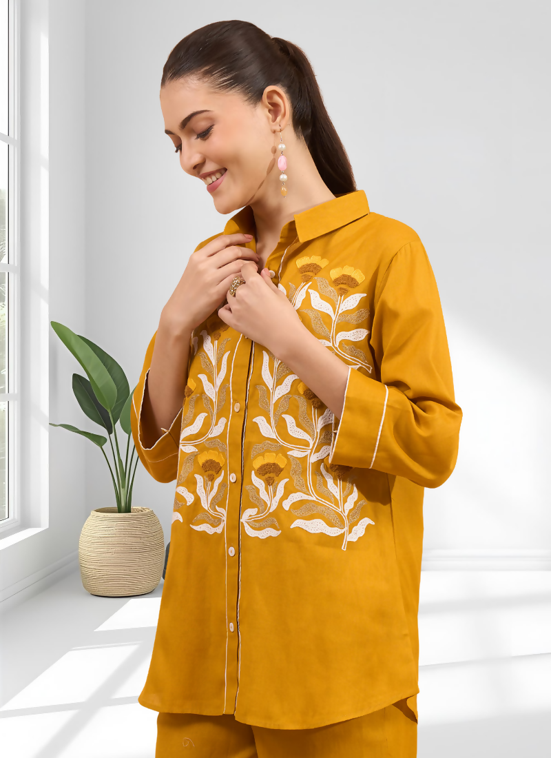 Mustard Cotton Linen Embroidered Cord Set - Festive Readymade Outfit