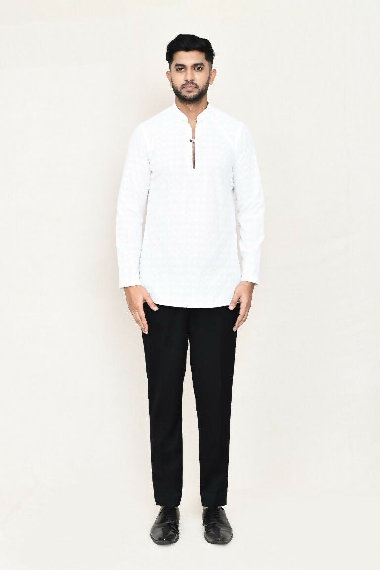 Men's White Imported Jacquard Open Prince Coat and Kurta Set
