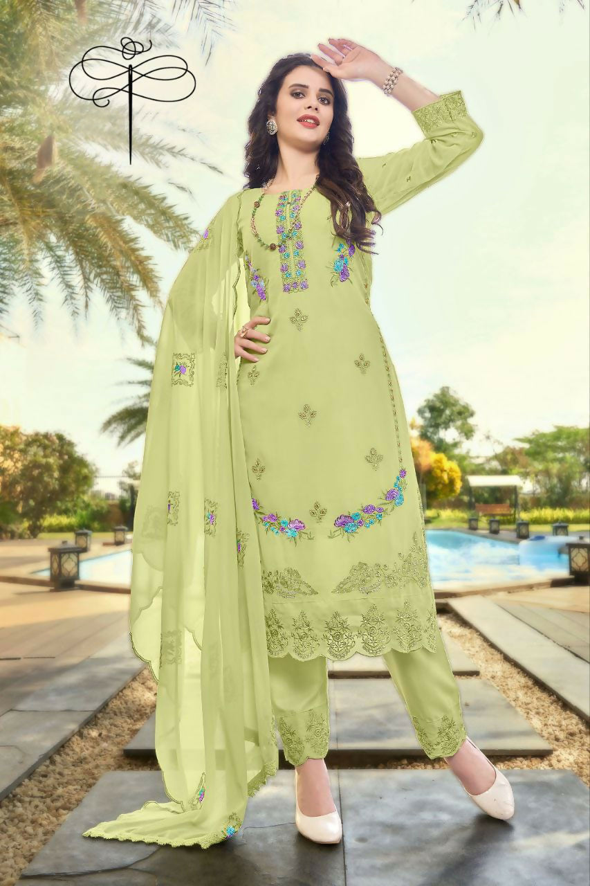 Pista Green Faux Georgette Kurta Set with heavy embroidery and pearl work