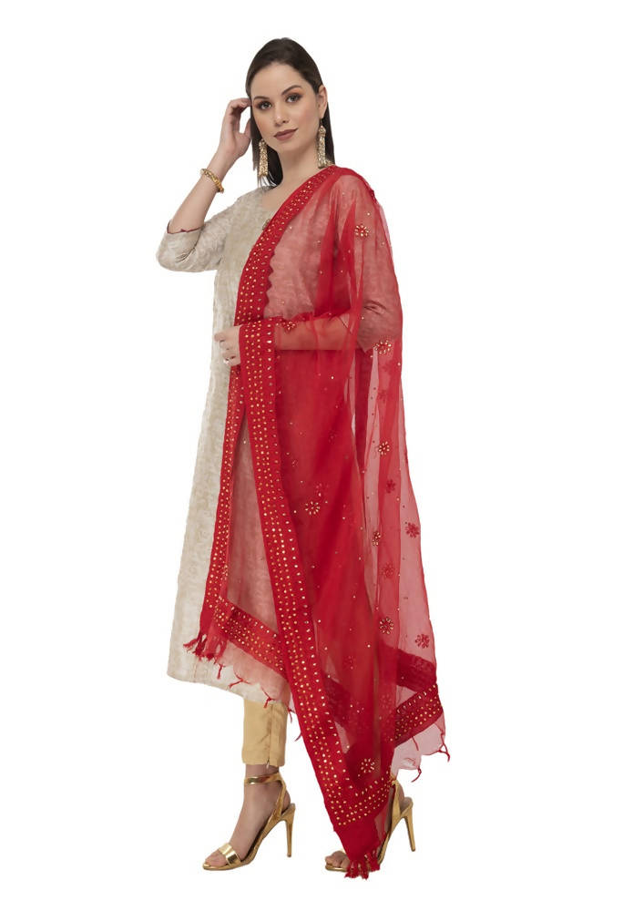 Red Orgenza Nug Embroidery Dupatta - Luxury Festive Drape