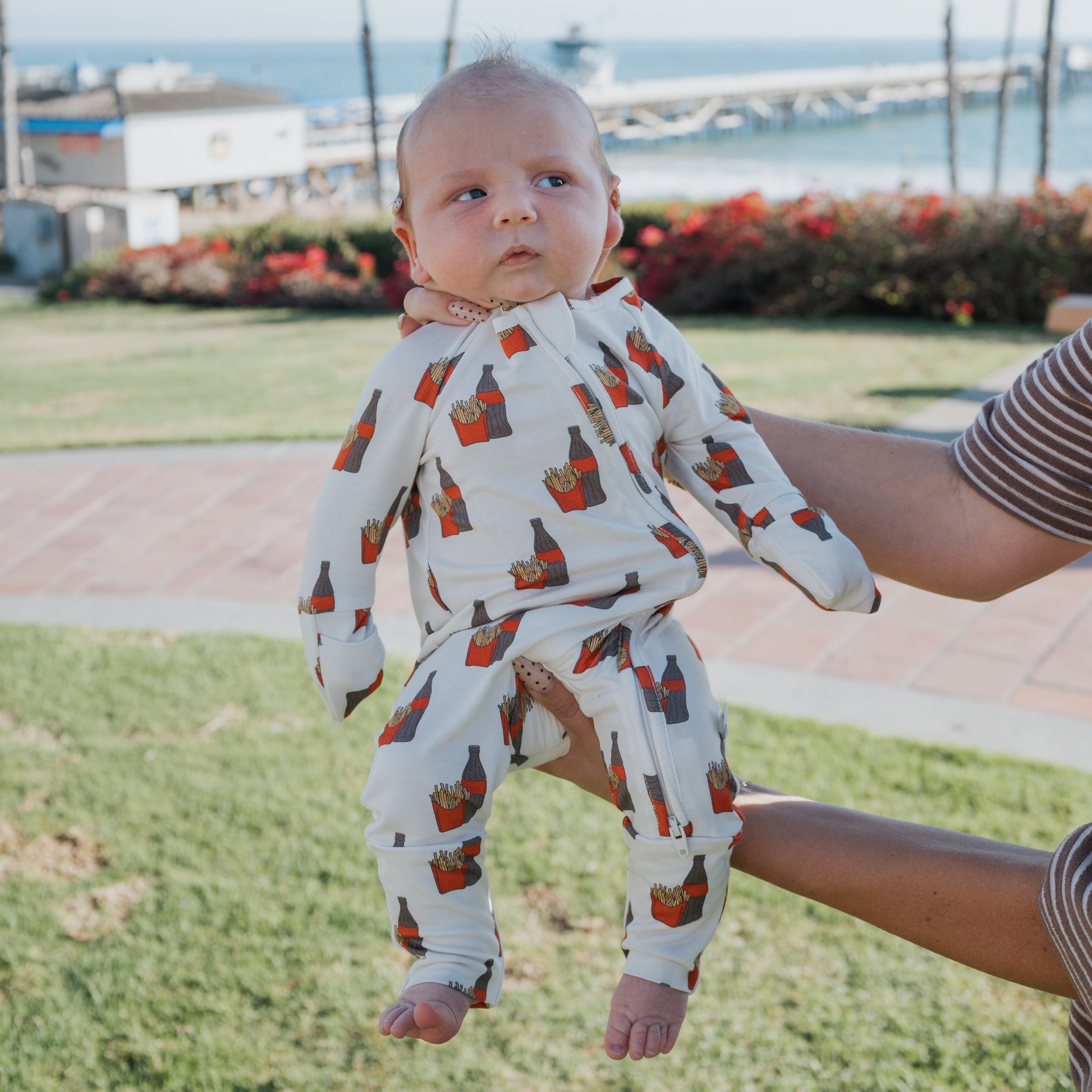Unisex Bamboo Zip Pajamas in White and Red